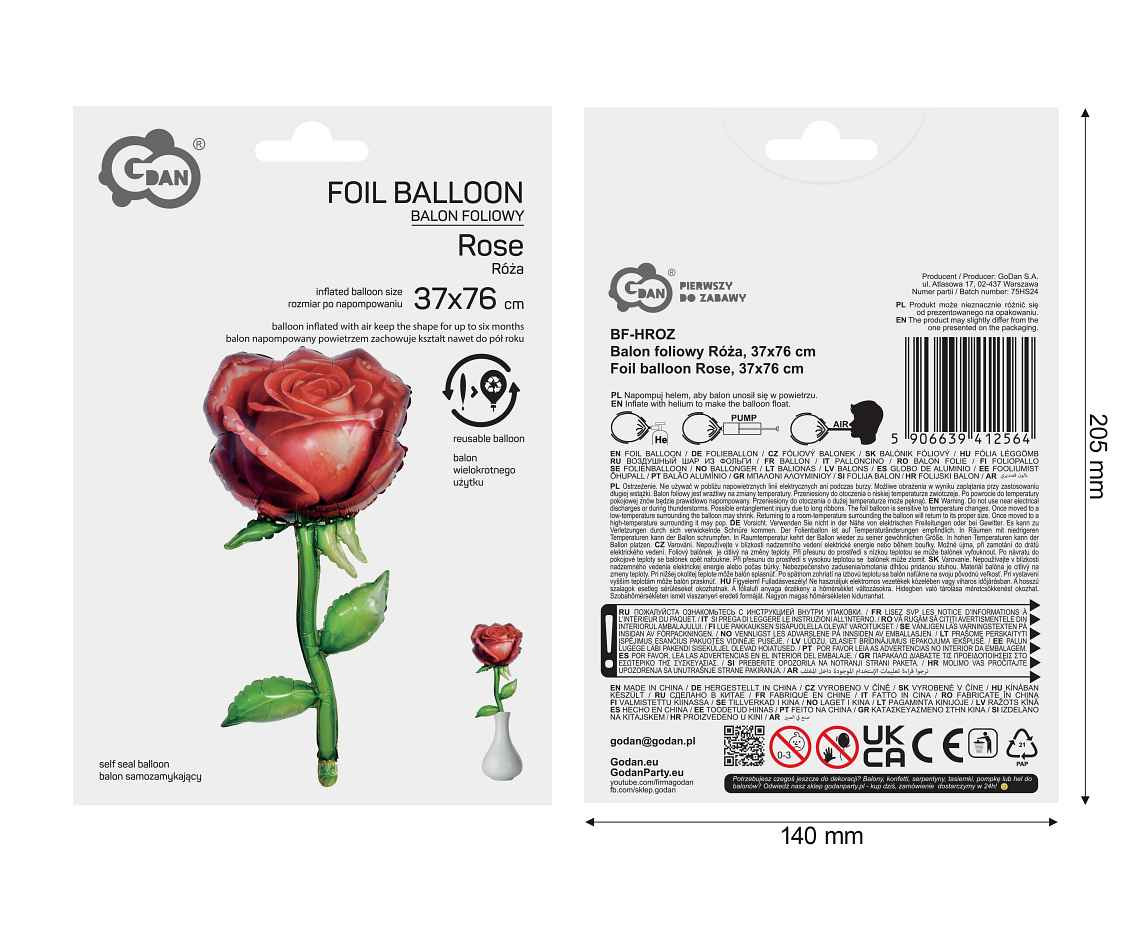 Foil balloon Rose, 37x76 cm